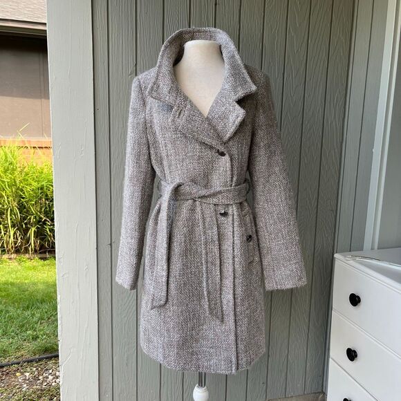 Tahari Wool Blend Belted Coat Large – Oatmeal Beige Textured Long Winter Jacket - Picture 1 of 12